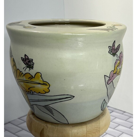 Asian Y2K Pot Planter 6 X 4.75in Floral Butterflies Tulips Beige Pink Fairycore - Picture 4 of 12